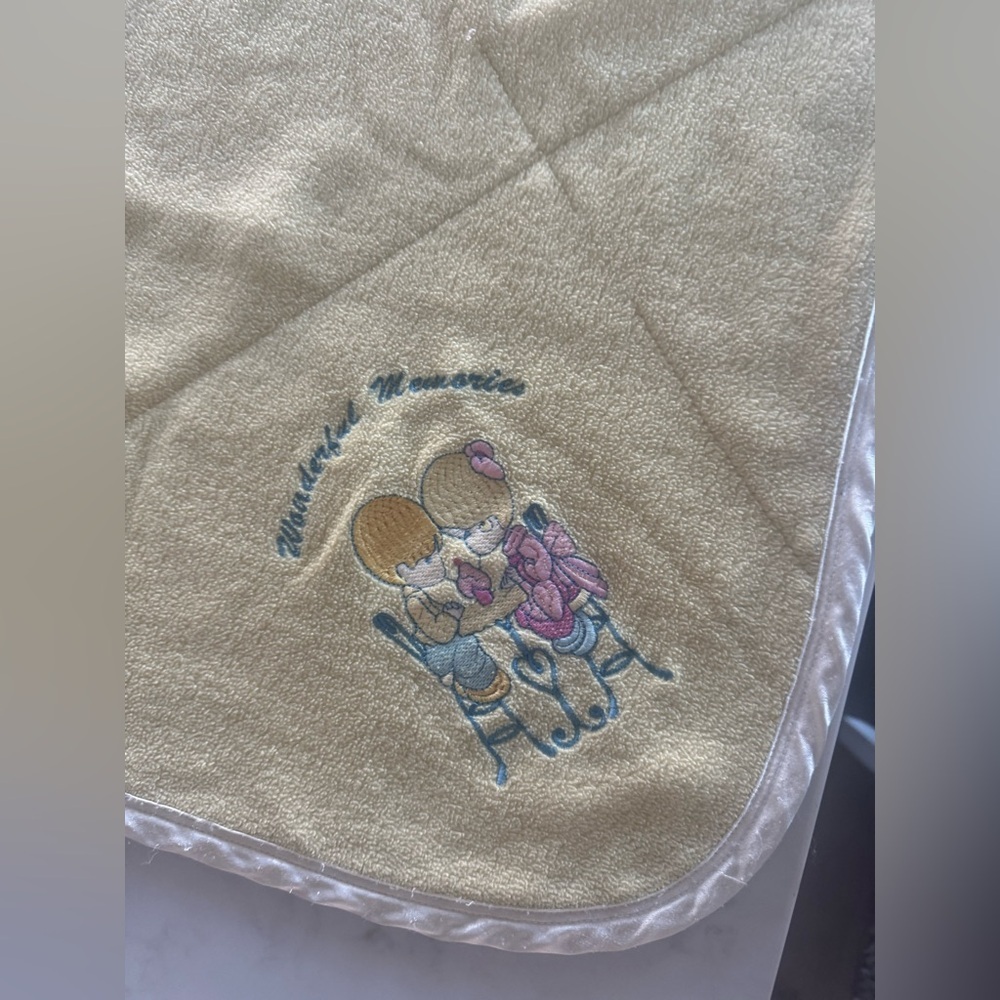 Vintage Precious Moments Baby Blanket – Quilted Satin Trim Nursery Throw